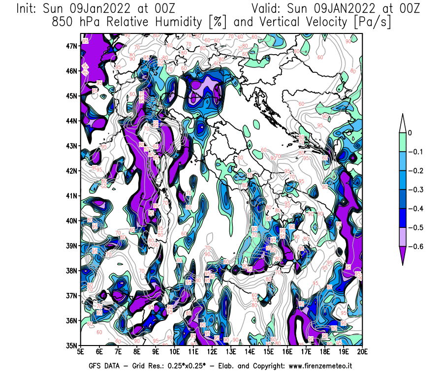 Mappa di analisi GFS - Umidità relativa [%] e Omega [Pa/s] a 850 hPa in Italia
							del 09/01/2022 00 <!--googleoff: index-->UTC<!--googleon: index-->