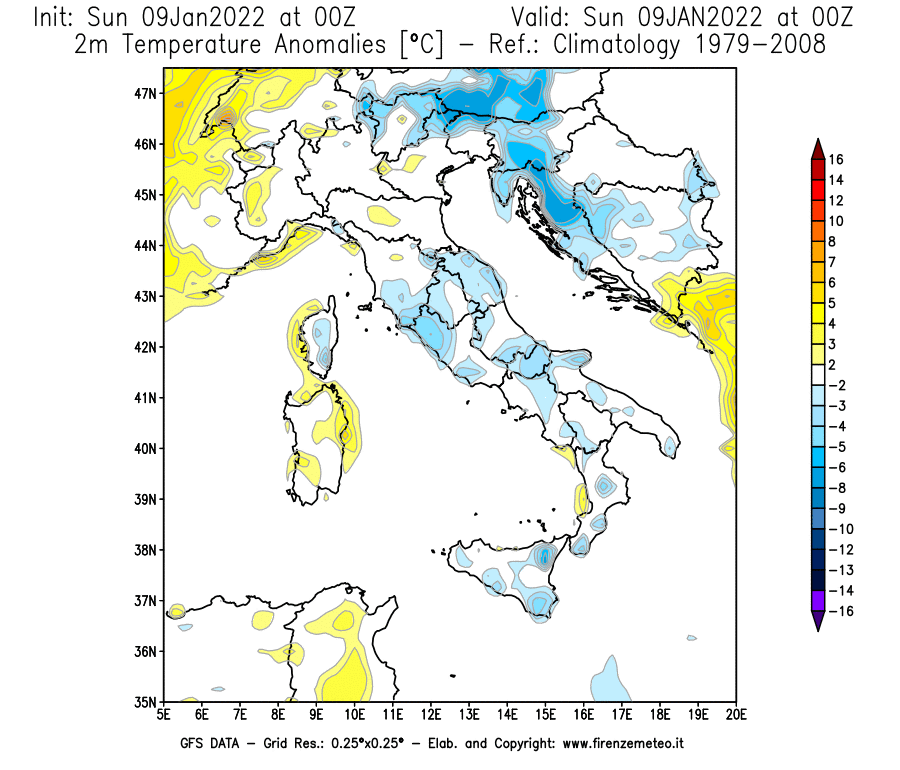 Mappa di analisi GFS - Anomalia Temperatura [°C] a 2 m in Italia
							del 09/01/2022 00 <!--googleoff: index-->UTC<!--googleon: index-->