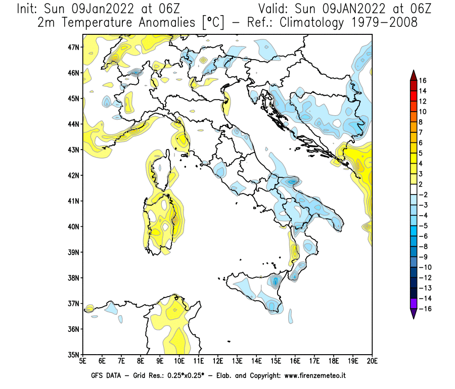 Mappa di analisi GFS - Anomalia Temperatura [°C] a 2 m in Italia
							del 09/01/2022 06 <!--googleoff: index-->UTC<!--googleon: index-->