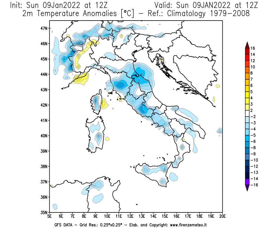 Mappa di analisi GFS - Anomalia Temperatura [°C] a 2 m in Italia
							del 09/01/2022 12 <!--googleoff: index-->UTC<!--googleon: index-->