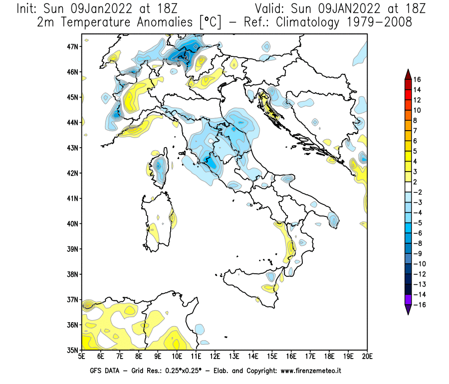 Mappa di analisi GFS - Anomalia Temperatura [°C] a 2 m in Italia
							del 09/01/2022 18 <!--googleoff: index-->UTC<!--googleon: index-->