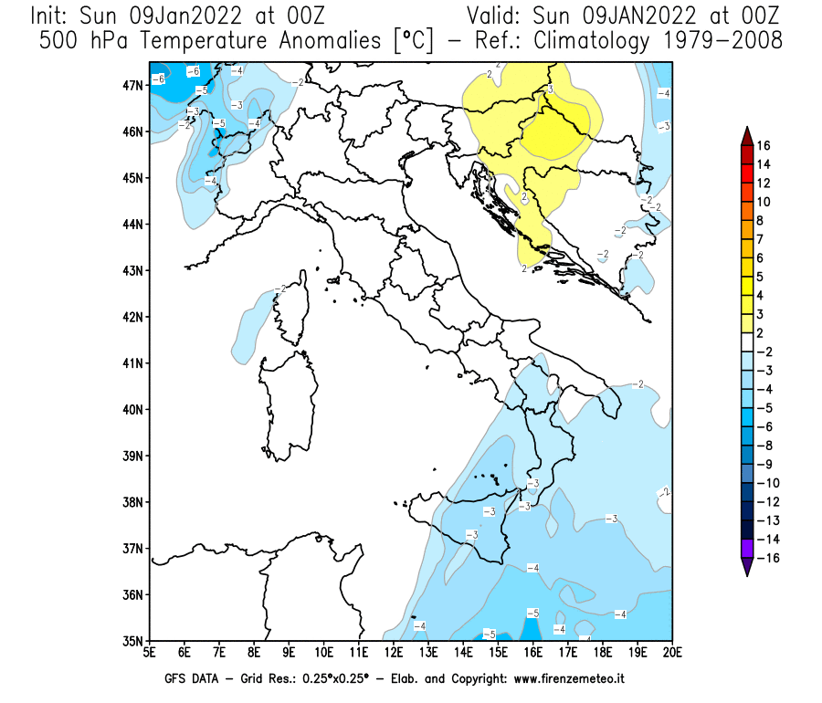 Mappa di analisi GFS - Anomalia Temperatura [°C] a 500 hPa in Italia
							del 09/01/2022 00 <!--googleoff: index-->UTC<!--googleon: index-->