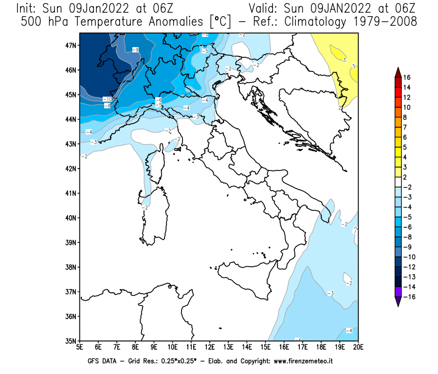Mappa di analisi GFS - Anomalia Temperatura [°C] a 500 hPa in Italia
							del 09/01/2022 06 <!--googleoff: index-->UTC<!--googleon: index-->