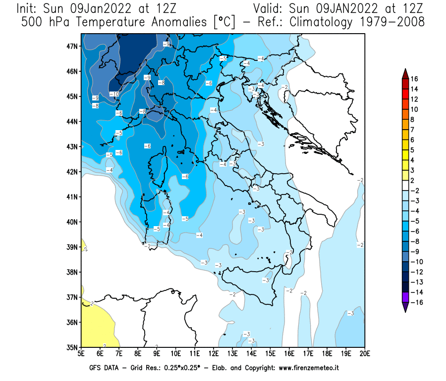 Mappa di analisi GFS - Anomalia Temperatura [°C] a 500 hPa in Italia
							del 09/01/2022 12 <!--googleoff: index-->UTC<!--googleon: index-->