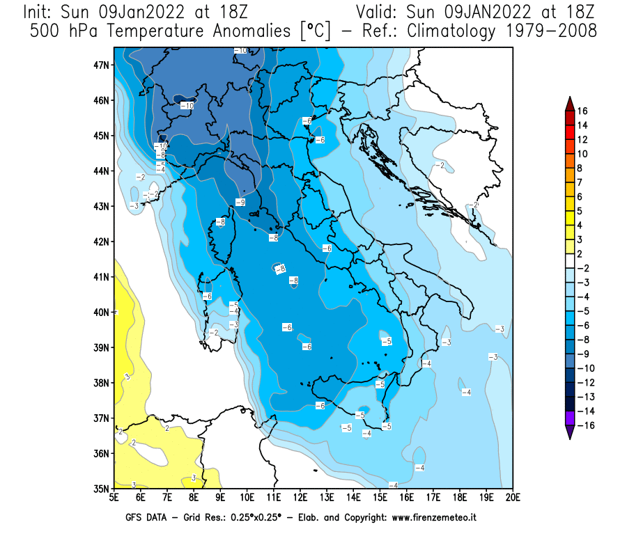 Mappa di analisi GFS - Anomalia Temperatura [°C] a 500 hPa in Italia
							del 09/01/2022 18 <!--googleoff: index-->UTC<!--googleon: index-->