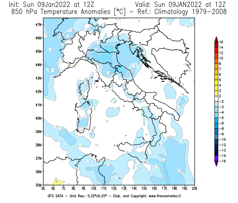 Mappa di analisi GFS - Anomalia Temperatura [°C] a 850 hPa in Italia
							del 09/01/2022 12 <!--googleoff: index-->UTC<!--googleon: index-->