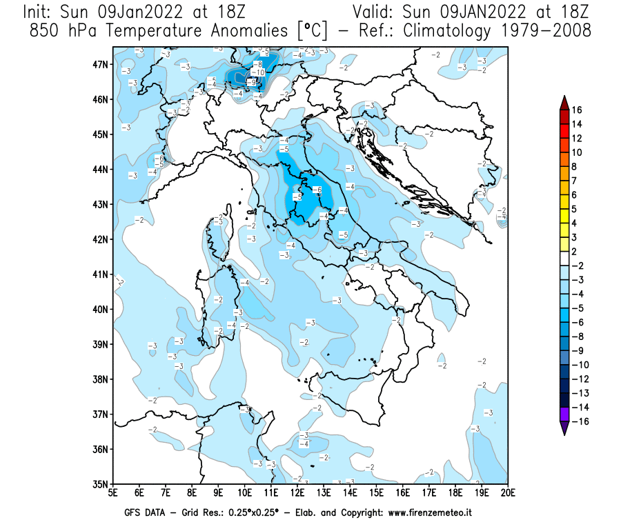 Mappa di analisi GFS - Anomalia Temperatura [°C] a 850 hPa in Italia
							del 09/01/2022 18 <!--googleoff: index-->UTC<!--googleon: index-->