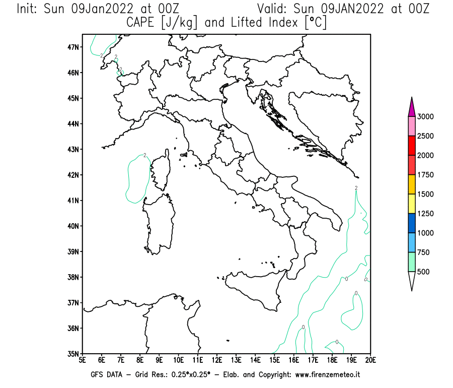 Mappa di analisi GFS - CAPE [J/kg] e Lifted Index [°C] in Italia
							del 09/01/2022 00 <!--googleoff: index-->UTC<!--googleon: index-->