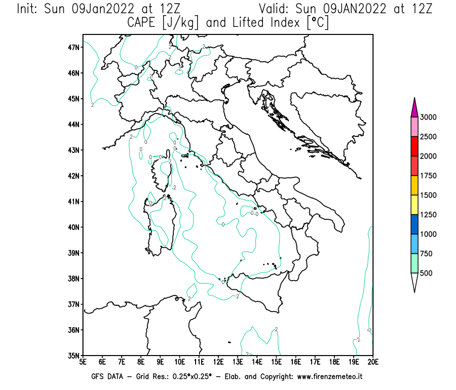 Mappa di analisi GFS - CAPE [J/kg] e Lifted Index [°C] in Italia
							del 09/01/2022 12 <!--googleoff: index-->UTC<!--googleon: index-->
