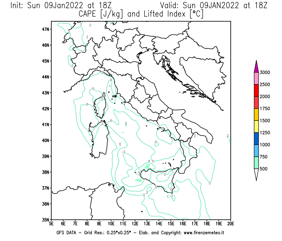 Mappa di analisi GFS - CAPE [J/kg] e Lifted Index [°C] in Italia
							del 09/01/2022 18 <!--googleoff: index-->UTC<!--googleon: index-->