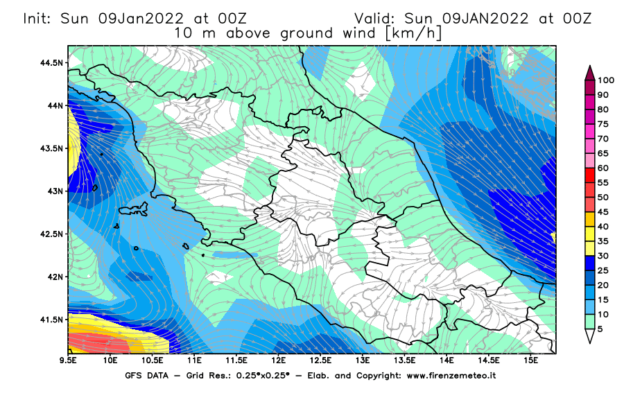 Mappa di analisi GFS - Velocità del vento a 10 metri dal suolo [km/h] in Centro-Italia
							del 09/01/2022 00 <!--googleoff: index-->UTC<!--googleon: index-->