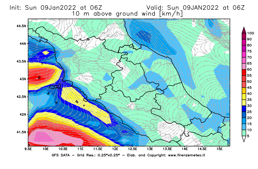 Mappa di analisi GFS - Velocità del vento a 10 metri dal suolo [km/h] in Centro-Italia
							del 09/01/2022 06 <!--googleoff: index-->UTC<!--googleon: index-->