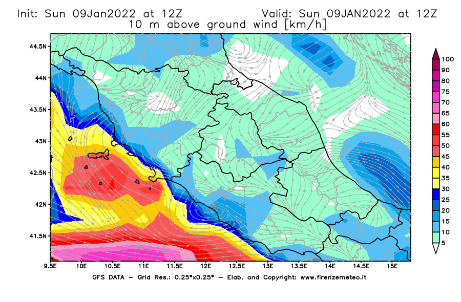 Mappa di analisi GFS - Velocità del vento a 10 metri dal suolo [km/h] in Centro-Italia
							del 09/01/2022 12 <!--googleoff: index-->UTC<!--googleon: index-->