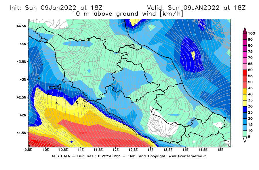 Mappa di analisi GFS - Velocità del vento a 10 metri dal suolo [km/h] in Centro-Italia
							del 09/01/2022 18 <!--googleoff: index-->UTC<!--googleon: index-->