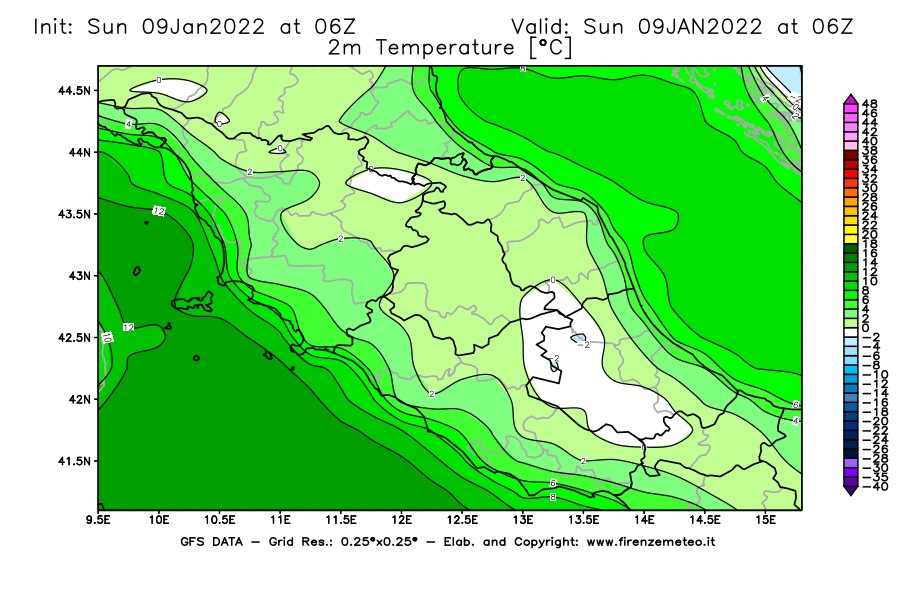 Mappa di analisi GFS - Temperatura a 2 metri dal suolo [°C] in Centro-Italia
							del 09/01/2022 06 <!--googleoff: index-->UTC<!--googleon: index-->