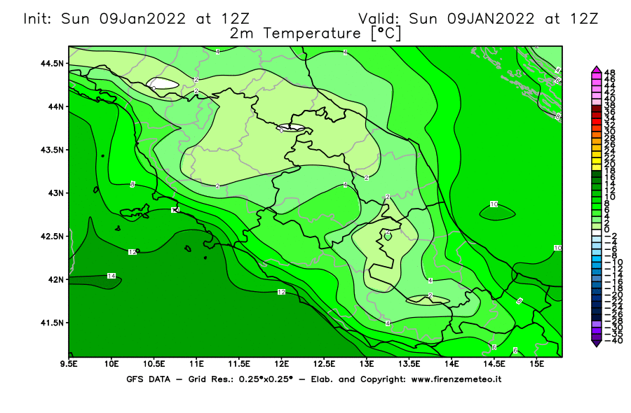 Mappa di analisi GFS - Temperatura a 2 metri dal suolo [°C] in Centro-Italia
							del 09/01/2022 12 <!--googleoff: index-->UTC<!--googleon: index-->