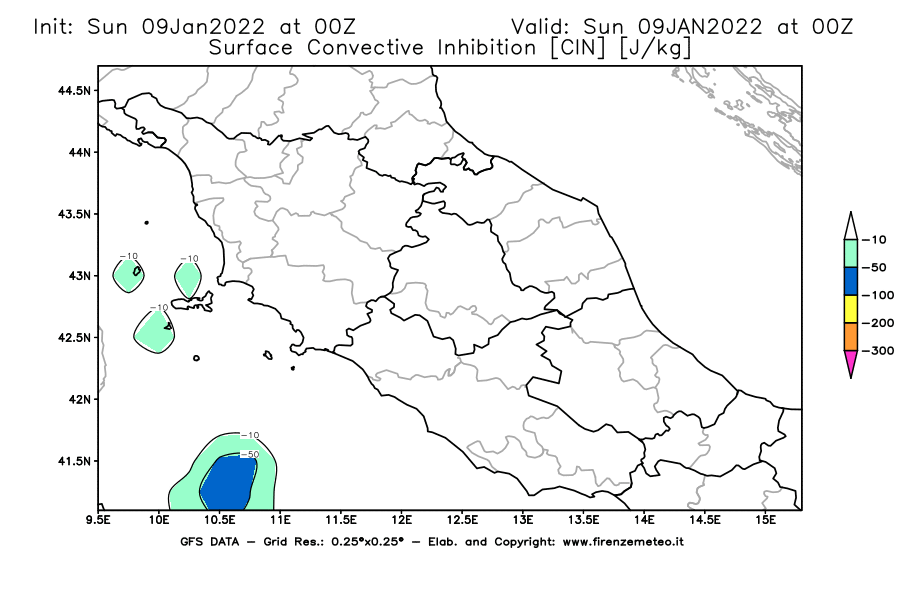 Mappa di analisi GFS - CIN [J/kg] in Centro-Italia
							del 09/01/2022 00 <!--googleoff: index-->UTC<!--googleon: index-->