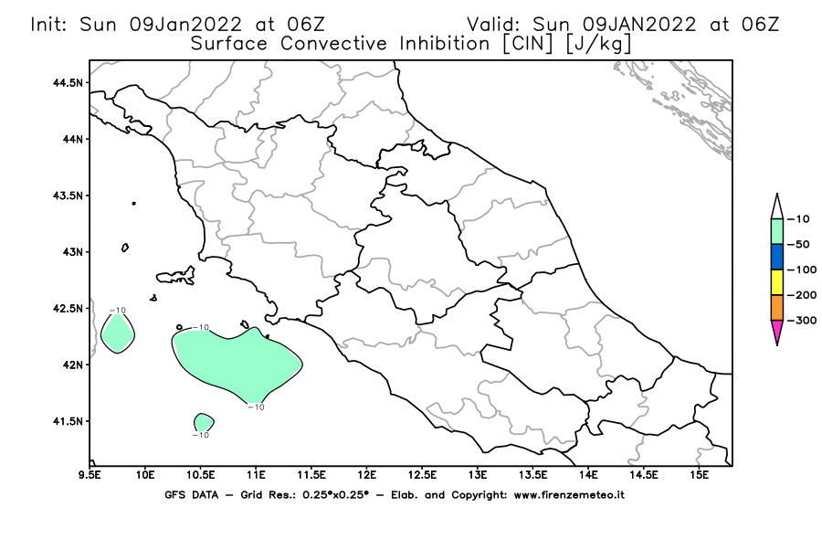Mappa di analisi GFS - CIN [J/kg] in Centro-Italia
							del 09/01/2022 06 <!--googleoff: index-->UTC<!--googleon: index-->