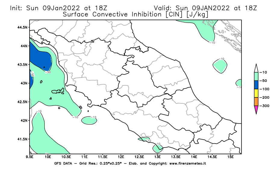 Mappa di analisi GFS - CIN [J/kg] in Centro-Italia
							del 09/01/2022 18 <!--googleoff: index-->UTC<!--googleon: index-->
