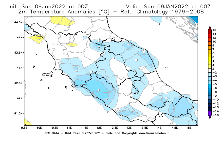 Mappa di analisi GFS - Anomalia Temperatura [°C] a 2 m in Centro-Italia
							del 09/01/2022 00 <!--googleoff: index-->UTC<!--googleon: index-->