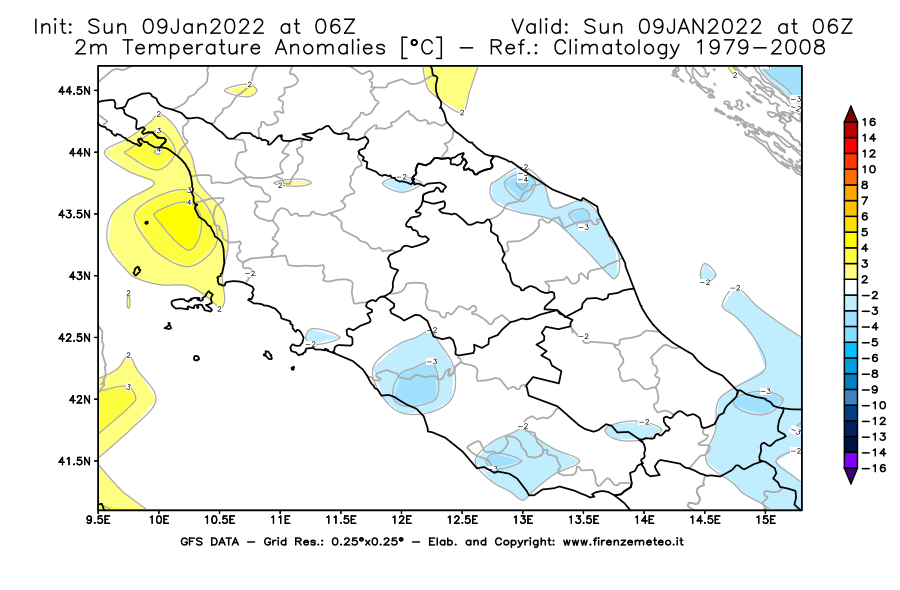 Mappa di analisi GFS - Anomalia Temperatura [°C] a 2 m in Centro-Italia
							del 09/01/2022 06 <!--googleoff: index-->UTC<!--googleon: index-->