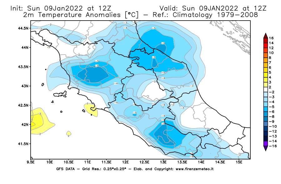 Mappa di analisi GFS - Anomalia Temperatura [°C] a 2 m in Centro-Italia
							del 09/01/2022 12 <!--googleoff: index-->UTC<!--googleon: index-->