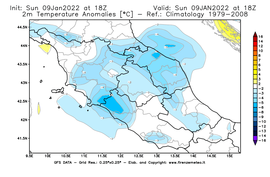 Mappa di analisi GFS - Anomalia Temperatura [°C] a 2 m in Centro-Italia
							del 09/01/2022 18 <!--googleoff: index-->UTC<!--googleon: index-->