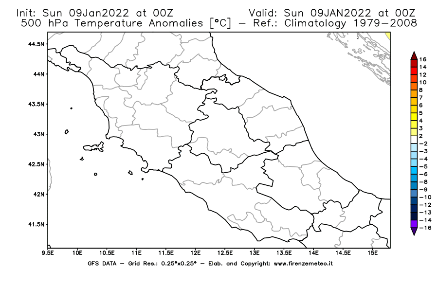 Mappa di analisi GFS - Anomalia Temperatura [°C] a 500 hPa in Centro-Italia
							del 09/01/2022 00 <!--googleoff: index-->UTC<!--googleon: index-->