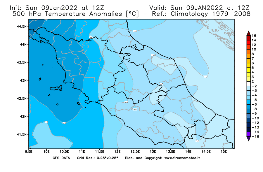 Mappa di analisi GFS - Anomalia Temperatura [°C] a 500 hPa in Centro-Italia
							del 09/01/2022 12 <!--googleoff: index-->UTC<!--googleon: index-->