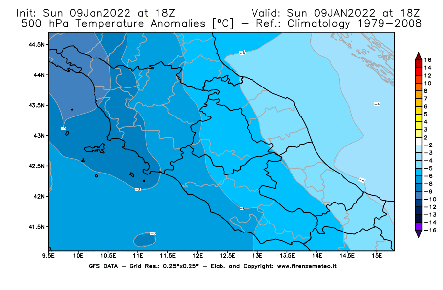 Mappa di analisi GFS - Anomalia Temperatura [°C] a 500 hPa in Centro-Italia
							del 09/01/2022 18 <!--googleoff: index-->UTC<!--googleon: index-->
