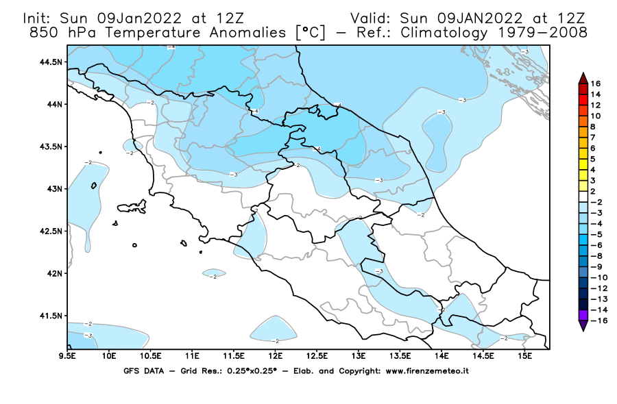 Mappa di analisi GFS - Anomalia Temperatura [°C] a 850 hPa in Centro-Italia
							del 09/01/2022 12 <!--googleoff: index-->UTC<!--googleon: index-->
