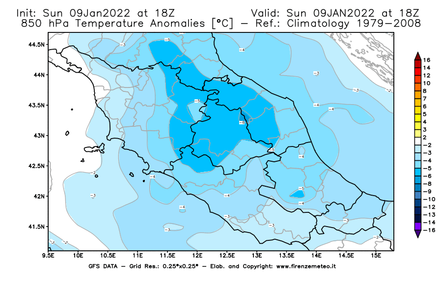 Mappa di analisi GFS - Anomalia Temperatura [°C] a 850 hPa in Centro-Italia
							del 09/01/2022 18 <!--googleoff: index-->UTC<!--googleon: index-->