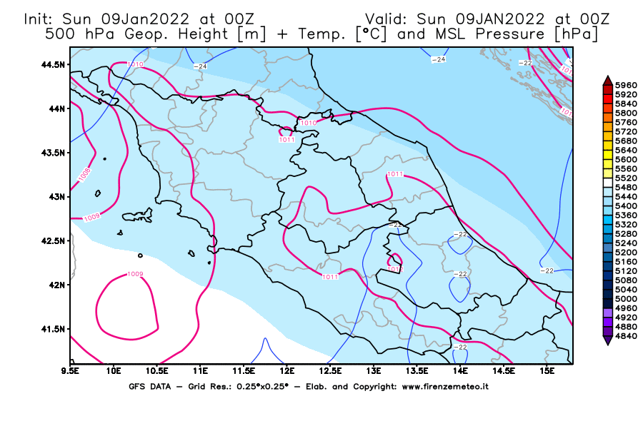Mappa di analisi GFS - Geopotenziale [m] + Temp. [°C] a 500 hPa + Press. a livello del mare [hPa] in Centro-Italia
							del 09/01/2022 00 <!--googleoff: index-->UTC<!--googleon: index-->