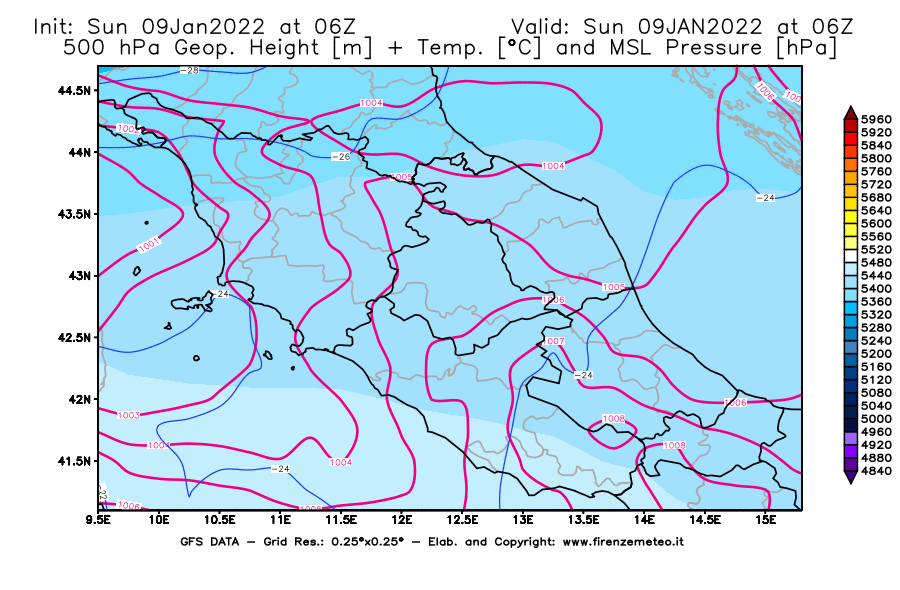 Mappa di analisi GFS - Geopotenziale [m] + Temp. [°C] a 500 hPa + Press. a livello del mare [hPa] in Centro-Italia
							del 09/01/2022 06 <!--googleoff: index-->UTC<!--googleon: index-->