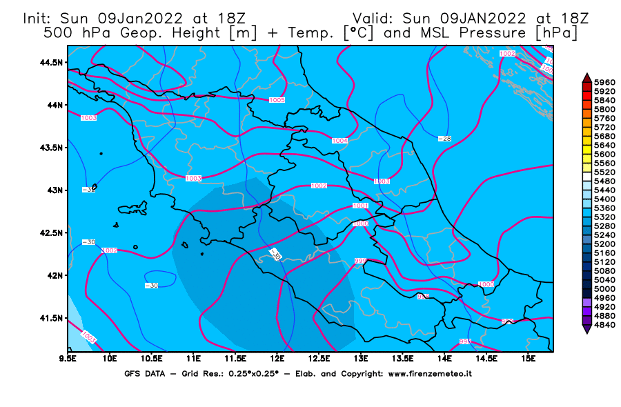Mappa di analisi GFS - Geopotenziale [m] + Temp. [°C] a 500 hPa + Press. a livello del mare [hPa] in Centro-Italia
							del 09/01/2022 18 <!--googleoff: index-->UTC<!--googleon: index-->