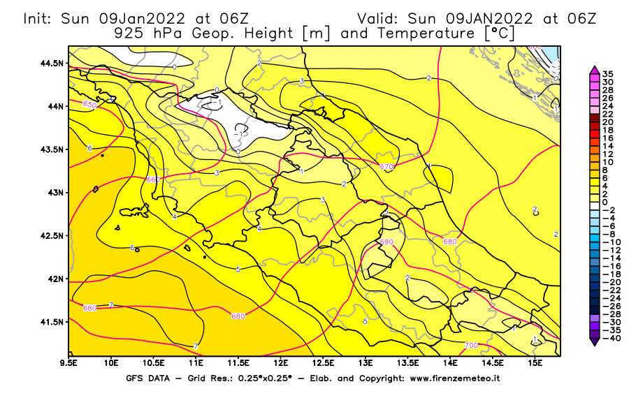 Mappa di analisi GFS - Geopotenziale [m] e Temperatura [°C] a 925 hPa in Centro-Italia
							del 09/01/2022 06 <!--googleoff: index-->UTC<!--googleon: index-->