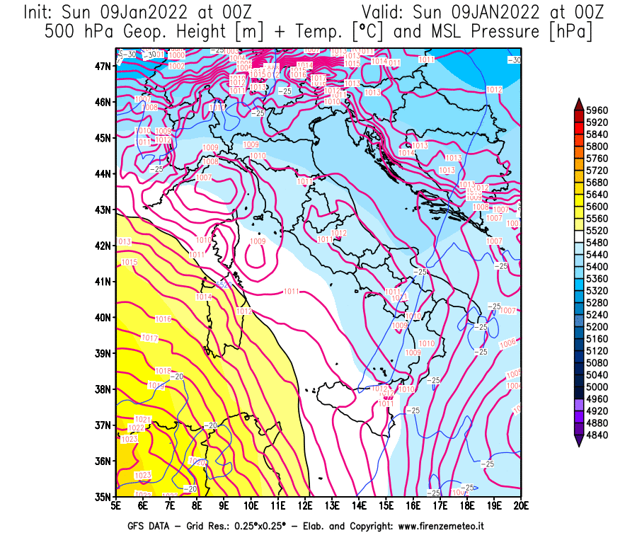 Mappa di analisi GFS - Geopotenziale [m] + Temp. [°C] a 500 hPa + Press. a livello del mare [hPa] in Italia
							del 09/01/2022 00 <!--googleoff: index-->UTC<!--googleon: index-->