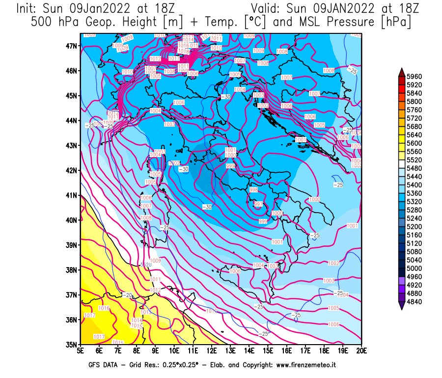 Mappa di analisi GFS - Geopotenziale [m] + Temp. [°C] a 500 hPa + Press. a livello del mare [hPa] in Italia
							del 09/01/2022 18 <!--googleoff: index-->UTC<!--googleon: index-->