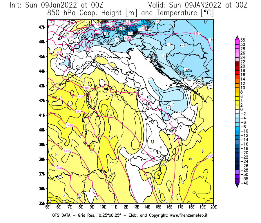 Mappa di analisi GFS - Geopotenziale [m] e Temperatura [°C] a 850 hPa in Italia
							del 09/01/2022 00 <!--googleoff: index-->UTC<!--googleon: index-->