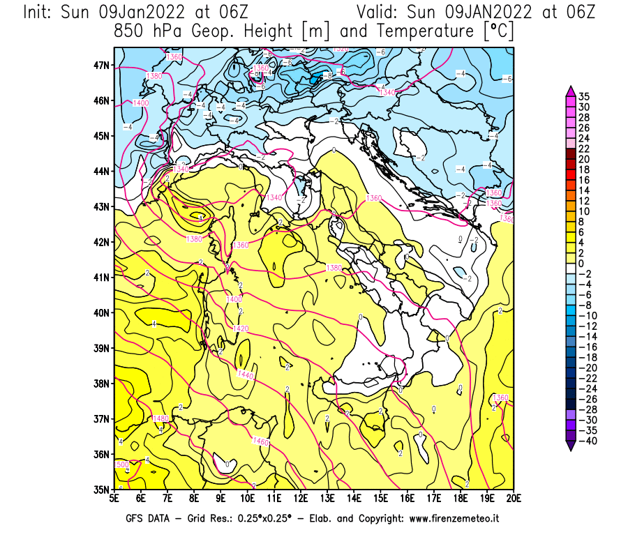 Mappa di analisi GFS - Geopotenziale [m] e Temperatura [°C] a 850 hPa in Italia
							del 09/01/2022 06 <!--googleoff: index-->UTC<!--googleon: index-->