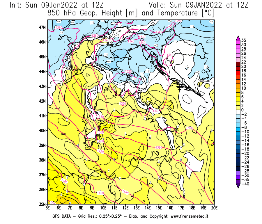 Mappa di analisi GFS - Geopotenziale [m] e Temperatura [°C] a 850 hPa in Italia
							del 09/01/2022 12 <!--googleoff: index-->UTC<!--googleon: index-->
