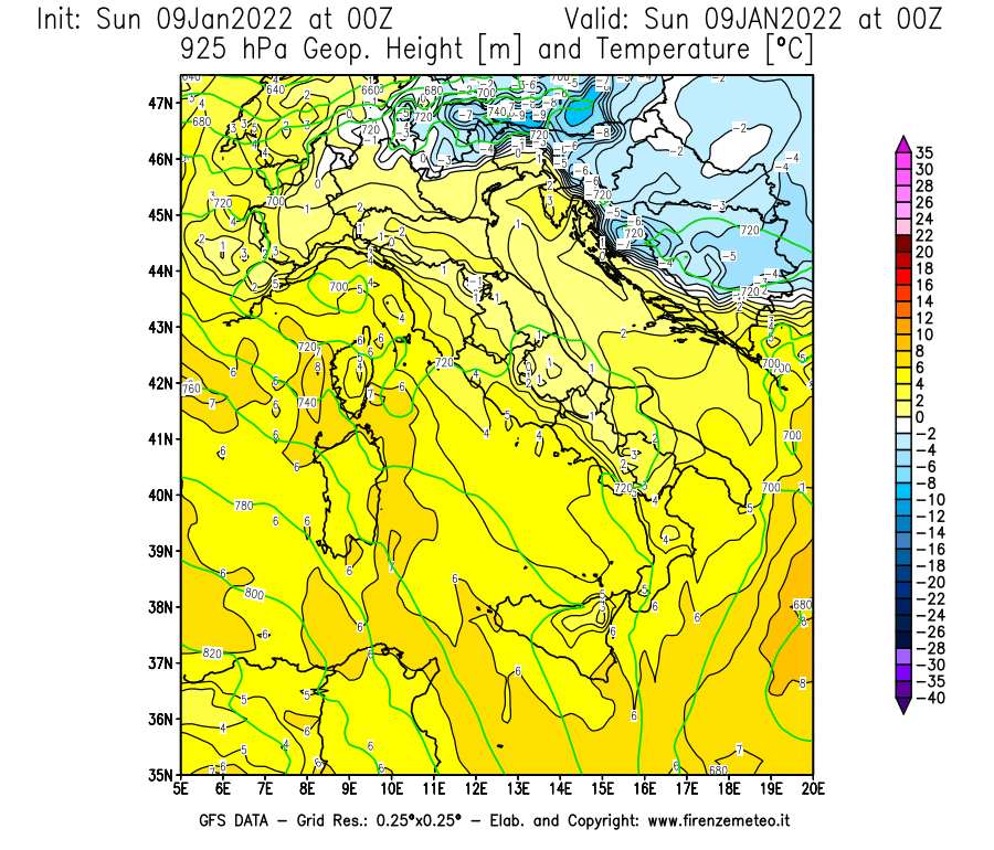 Mappa di analisi GFS - Geopotenziale [m] e Temperatura [°C] a 925 hPa in Italia
							del 09/01/2022 00 <!--googleoff: index-->UTC<!--googleon: index-->