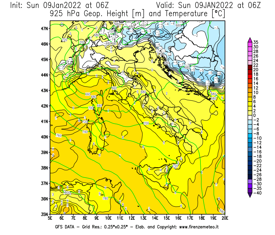 Mappa di analisi GFS - Geopotenziale [m] e Temperatura [°C] a 925 hPa in Italia
							del 09/01/2022 06 <!--googleoff: index-->UTC<!--googleon: index-->