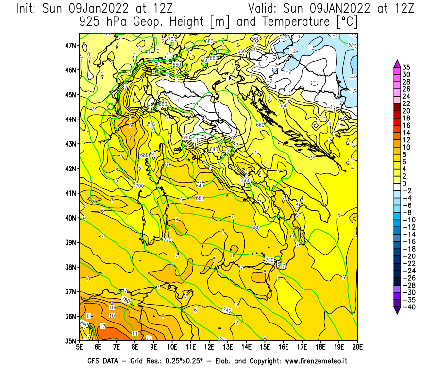 Mappa di analisi GFS - Geopotenziale [m] e Temperatura [°C] a 925 hPa in Italia
							del 09/01/2022 12 <!--googleoff: index-->UTC<!--googleon: index-->