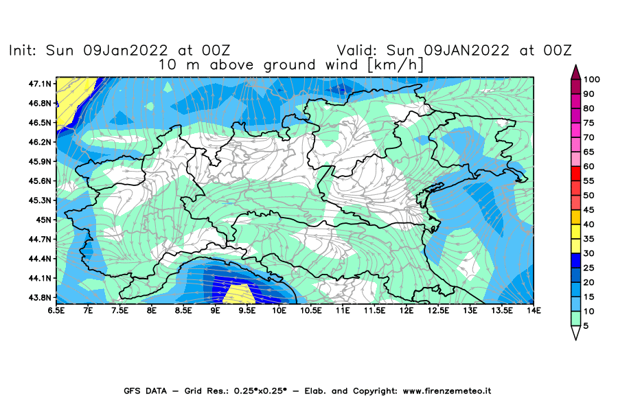 Mappa di analisi GFS - Velocità del vento a 10 metri dal suolo [km/h] in Nord-Italia
							del 09/01/2022 00 <!--googleoff: index-->UTC<!--googleon: index-->