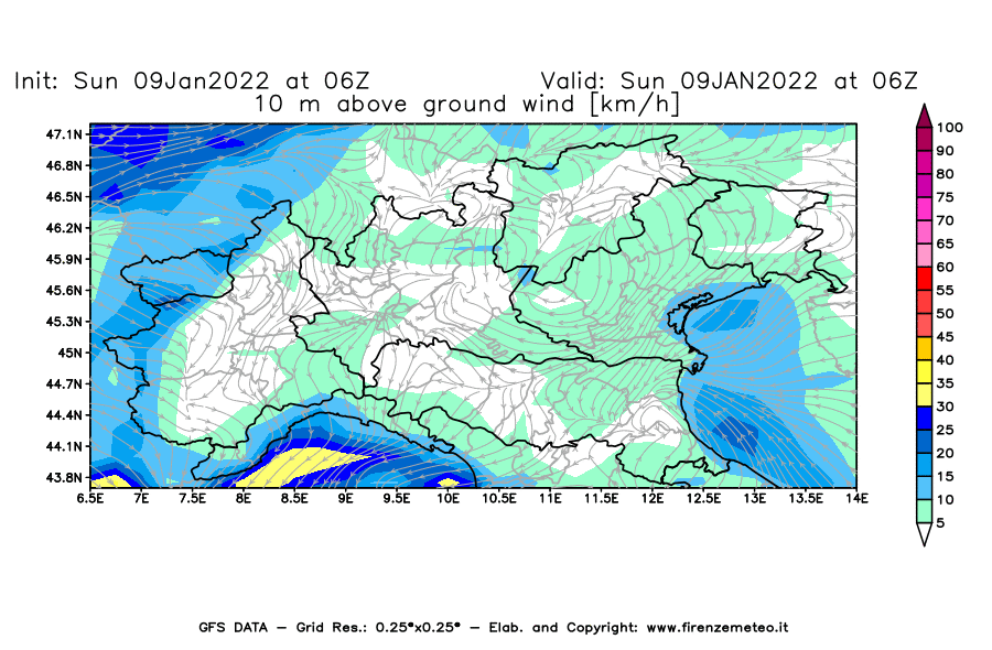Mappa di analisi GFS - Velocità del vento a 10 metri dal suolo [km/h] in Nord-Italia
							del 09/01/2022 06 <!--googleoff: index-->UTC<!--googleon: index-->