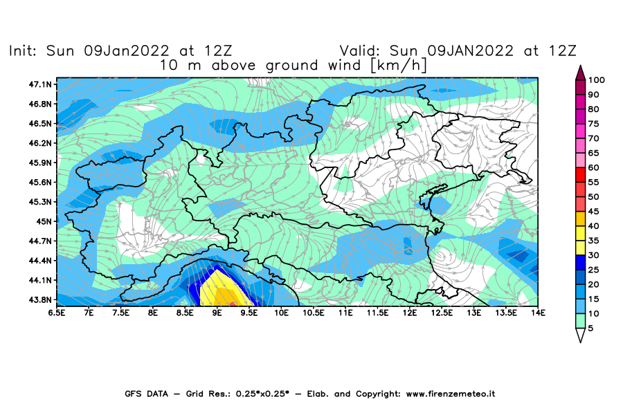 Mappa di analisi GFS - Velocità del vento a 10 metri dal suolo [km/h] in Nord-Italia
							del 09/01/2022 12 <!--googleoff: index-->UTC<!--googleon: index-->