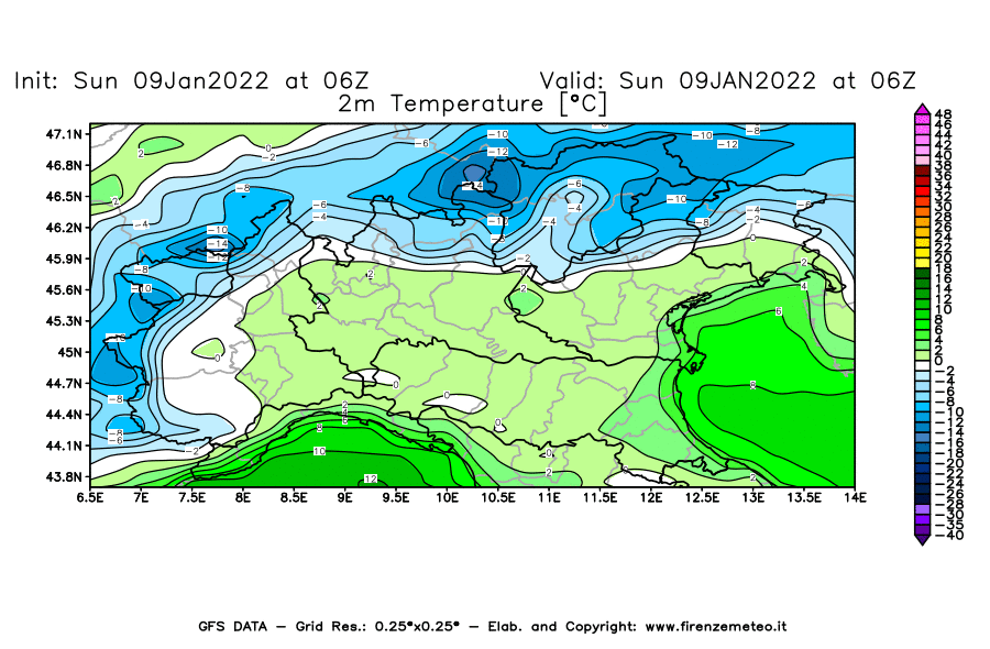 Mappa di analisi GFS - Temperatura a 2 metri dal suolo [°C] in Nord-Italia
							del 09/01/2022 06 <!--googleoff: index-->UTC<!--googleon: index-->