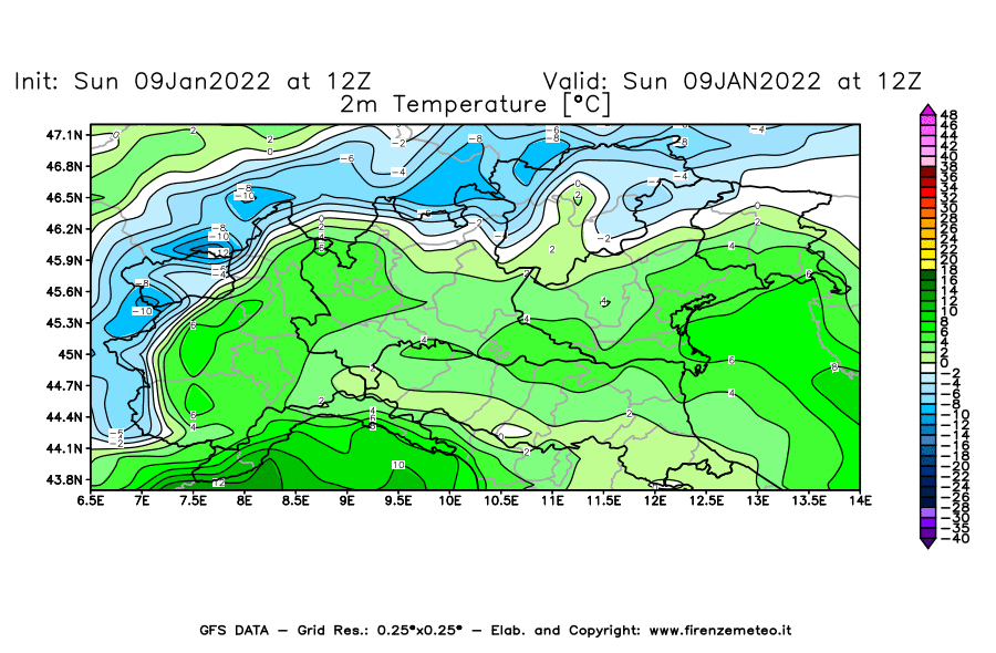 Mappa di analisi GFS - Temperatura a 2 metri dal suolo [°C] in Nord-Italia
							del 09/01/2022 12 <!--googleoff: index-->UTC<!--googleon: index-->