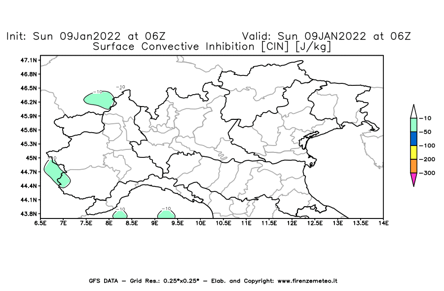 Mappa di analisi GFS - CIN [J/kg] in Nord-Italia
							del 09/01/2022 06 <!--googleoff: index-->UTC<!--googleon: index-->